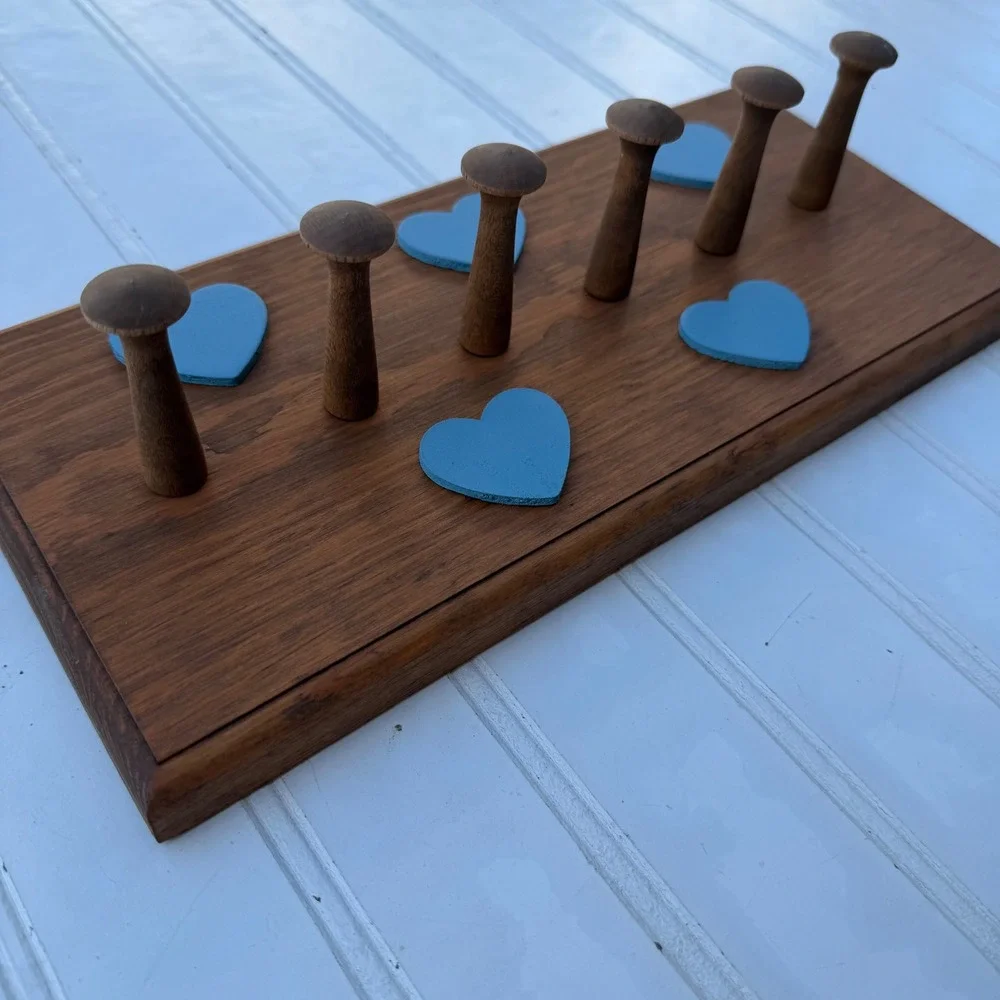Vintage Handmade Wooden Wall Rack 6 Pegs Blue Hearts Country Farmhouse Decor